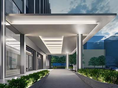 Modern Contemporary Entrance Gate With Glass Facade Awning Columns And Illuminated Landscaped Greenery 3d model