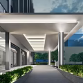 Modern Contemporary Entrance Gate With Glass Facade Awning Columns And Illuminated Landscaped Greenery