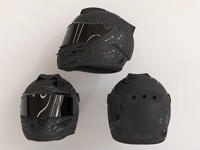 Three Black Protective Helmets With Face Shield Vent Holes And Unique Designs 3d model