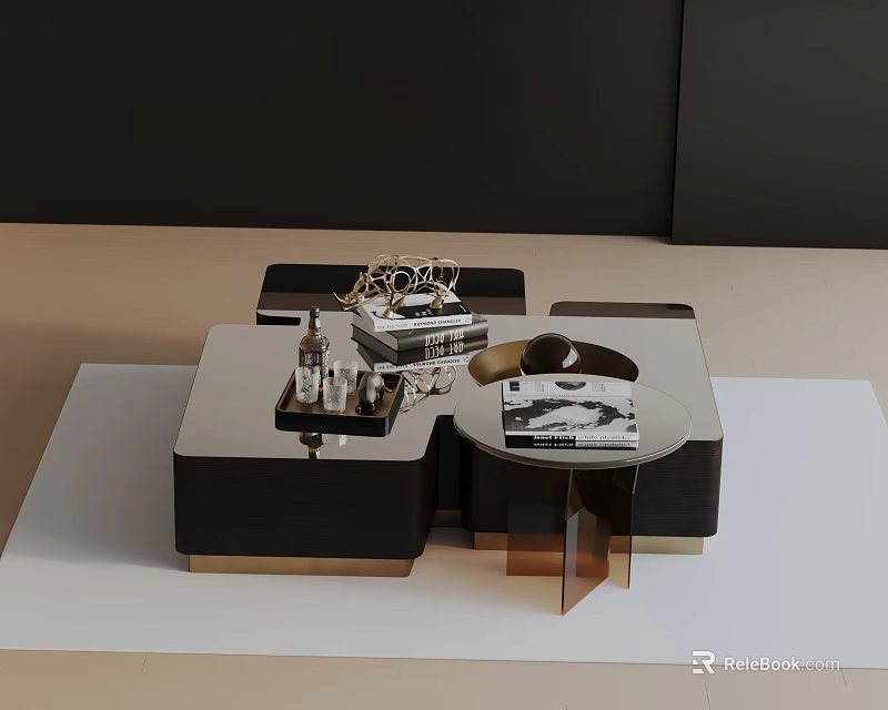 Elegant Modern Sofa Coffee Table Combination With Metallic Frame And Decorative Items 3d model