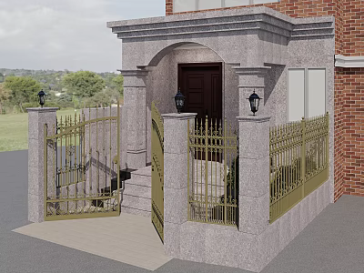 Elegant Entrance Gate Featuring Stone Structure Brown Door Golden Iron Fence Steps And Black Lanterns 3d model