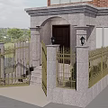 Elegant Entrance Gate Featuring Stone Structure Brown Door Golden Iron Fence Steps And Black Lanterns
