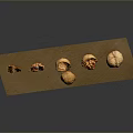 Whole And Opened Nuts Arranged On A Wooden Board With Gray Background