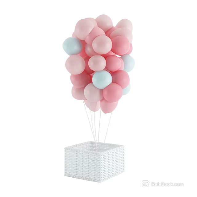Colorful Pink and Light Blue Balloons with White Woven Basket Base for Home Decor 3d model 