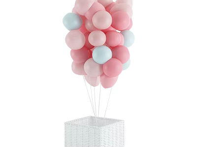 Colorful Pink and Light Blue Balloons with White Woven Basket Base for Home Decor 3d model