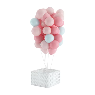 Colorful Pink and Light Blue Balloons with White Woven Basket Base for Home Decor 3d model