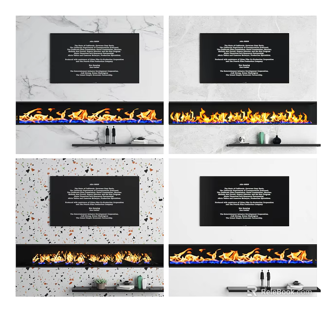 TV Background Wall With Flame Effect Shelf Decor Items And Marble Texture 3d model