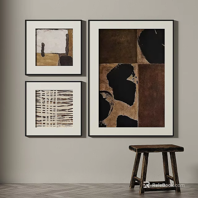Multiple Abstract Paintings With Neutral Tones Geometric Shapes Textured Patterns On Wall With Wooden Stool 3d model 