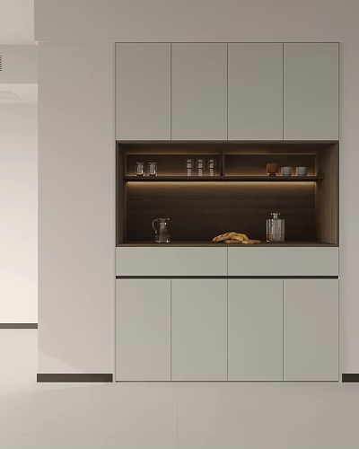 Modern Sideboard with Light Cabinet Doors and Glassware on Dark Countertop with Kettle and Fruits 3d model