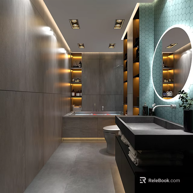 Elegant Modern Bathroom With Backlit Round Mirror And Warm Illuminated Built In Storage Units 3d model 