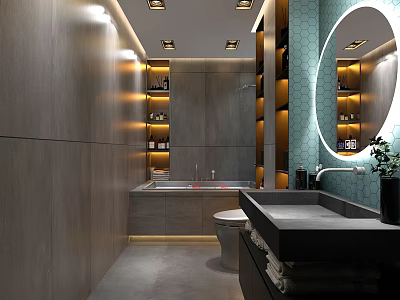 Elegant Modern Bathroom With Backlit Round Mirror And Warm Illuminated Built In Storage Units 3d model