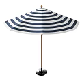 Blue And White Striped Patio Umbrella With Wooden Pole And Black Base For Outdoor Use