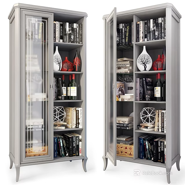 Modern Tall Glass Door Cabinet With Books Wine Bottles Vases And Decor 3d model 