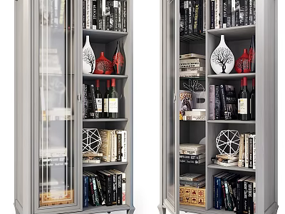 Modern Tall Glass Door Cabinet With Books Wine Bottles Vases And Decor 3d model