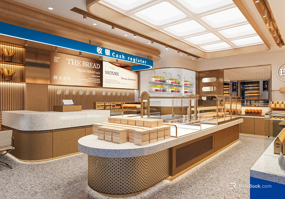Modern Bright Dessert Shop Interior With Display Cases Counter And Fresh Bread 3d model 