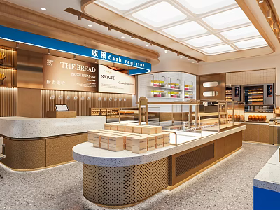 Modern Bright Dessert Shop Interior With Display Cases Counter And Fresh Bread 3d model