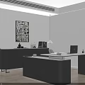 Modern Office Desk Setup With Laptop Documents Table Lamp Decorative Painting And Potted Plant