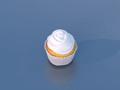 Tasty Cupcake With White Whipped Cream Frosting And White Paper Liner On Blue Background 3d model