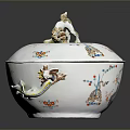 Intricately Sculpted Porcelain Lidded Bowl With Animal Figure And Decorative Patterns