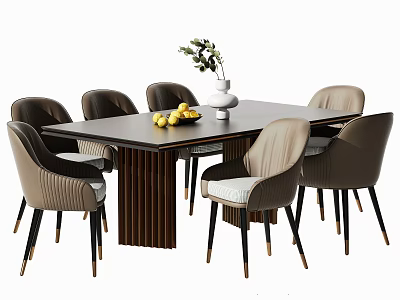 Stylish Wooden Dining Table Set with Six Beige Upholstered Chairs and Greenery Vase 3d model