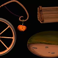 Cartoon Style Pumpkin Carriage Scene With Hanging Pumpkins Wooden Wheels Small Window And Items Inside