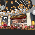 Chinese Themed Interior With Hanging Lanterns Traditional Costume Figures And Floral Decorations
