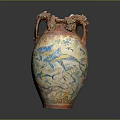 Broken Ceramic Amphora With Two Handles And Blue Yellow Fish Patterns 3d model