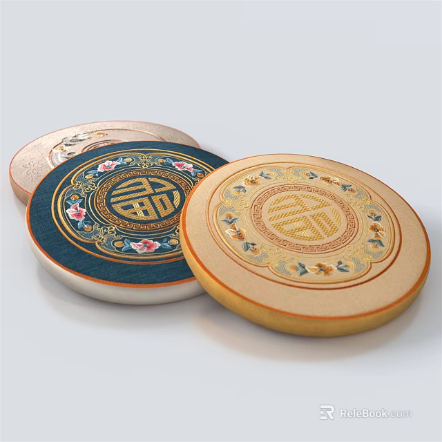 Traditional Chinese Decorative Coasters with Circular Shape Double Happiness Symbol and Floral Patterns 3d model 