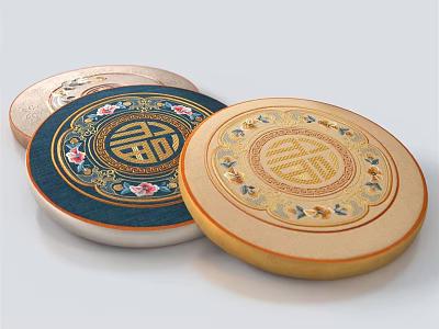 Traditional Chinese Decorative Coasters with Circular Shape Double Happiness Symbol and Floral Patterns 3d model