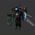 Mechanical Game Movie Character With Glowing Blue Lights Jetpack And Weapon Gear Design