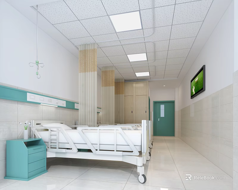 Clean Hospital Ward Interior With White Bed Blue Cabinet TV And Green Door 3d model 