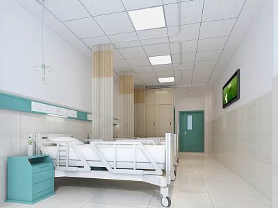 Clean Hospital Ward Interior With White Bed Blue Cabinet TV And Green Door 3d model