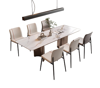 Modern Dining Table and Chair Combination Marble Long Dining Table Leather Dining Chair Chandelier Green Plant Books Ornaments 3d model