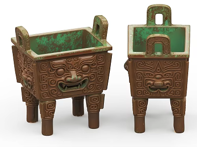 Vintage Ceramic Vessels With Intricate Carved Mythical Animal Faces And Green Interior 3d model