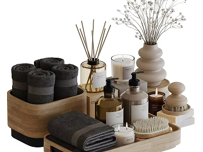 Stylish Bathroom Essentials Set With Rolled Towels Reed Diffuser Candles Liquid Soap And Wooden Tray 3d model