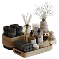 Stylish Bathroom Essentials Set With Rolled Towels Reed Diffuser Candles Liquid Soap And Wooden Tray