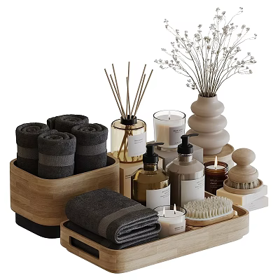 Stylish Bathroom Essentials Set With Rolled Towels Reed Diffuser Candles Liquid Soap And Wooden Tray 3d model