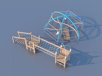 Colorful Playground Equipment With Blue Dome Frame Wooden Railings And Netting 3d model