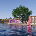 Scenic Park Landscape With Red Fitness Trail Bicycle Green Lawn Lake And Wooden Boardwalk