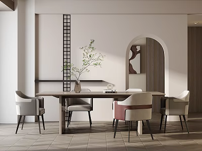 Modern Dining Table Set with Beige and Pink Accent Chairs and Decorative Vase with Greenery 3d model
