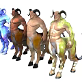 Mythical Half Human Half Goat Muscular Creature Figures In Colorful Styles