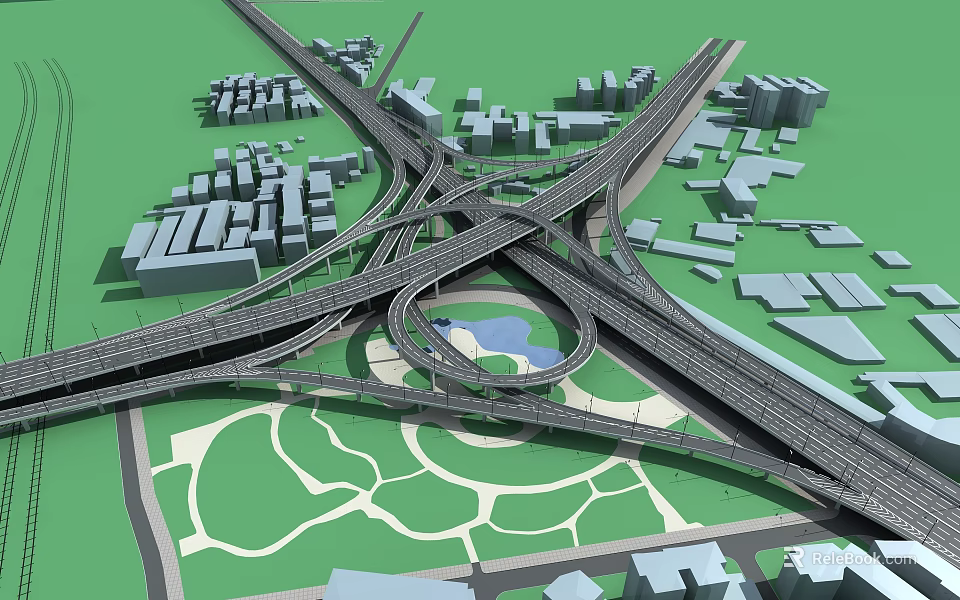 Modern Multi Lane Interchange Bridge Connecting Urban Buildings Green Spaces And Water Feature 3d model 