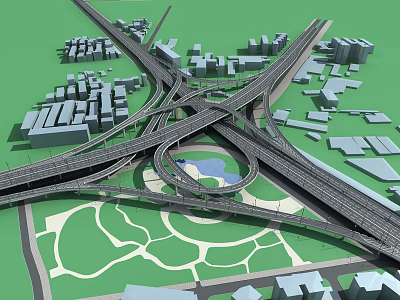 Modern Multi Lane Interchange Bridge Connecting Urban Buildings Green Spaces And Water Feature 3d model