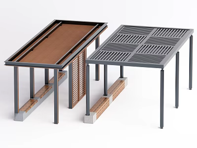 Outdoor Pergola Structures with Wooden Slat and Grid Pattern Tops Metal Frames and Brick Bases 3d model