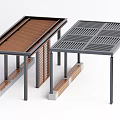 Outdoor Pergola Structures with Wooden Slat and Grid Pattern Tops Metal Frames and Brick Bases