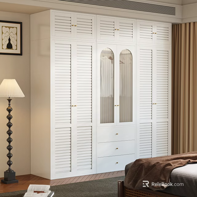 White Wardrobe With Louvered Doors Arched Glass Panels And Drawers In Bedroom 3d model 