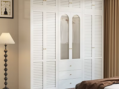 White Wardrobe With Louvered Doors Arched Glass Panels And Drawers In Bedroom 3d model
