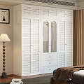 White Wardrobe With Louvered Doors Arched Glass Panels And Drawers In Bedroom