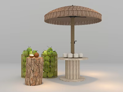 Decorative Ornament Set With Thatched Umbrella Wooden Table Tree Stump Green Apples And Baskets 3d model
