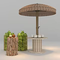Decorative Ornament Set With Thatched Umbrella Wooden Table Tree Stump Green Apples And Baskets